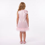 GIRLS GLOSSY SATIN FEATHER TRIM HEM PARTY DRESS WITH SHOULDER BOW - PINK