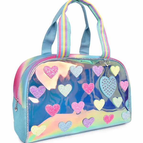 OMG OCCESSORIES HEART PATCHED CLEAR GLAZED DUFFLE BAG