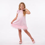 GIRLS GLOSSY SATIN FEATHER TRIM HEM PARTY DRESS WITH SHOULDER BOW - PINK