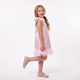 GIRLS GLOSSY SATIN FEATHER TRIM HEM PARTY DRESS WITH SHOULDER BOW - PINK