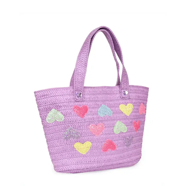 OMG ACCESSORIES HEART PATCHED STRAW TOTE BAG - PURPLE