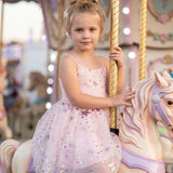 GIRLS SPARKLING SEQUIN STAR APPLIQUE TULLE DRESS - PINK