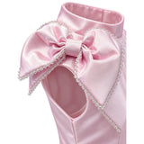 GIRLS GLOSSY SATIN FEATHER TRIM HEM PARTY DRESS WITH SHOULDER BOW - PINK