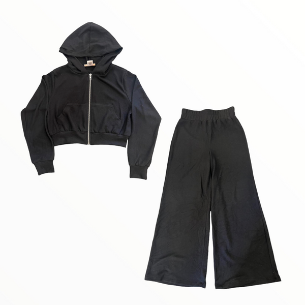 TWEENSTYLE HACCI ZIP HOODIE AND WIDE LEG SWEATS SET - BLACK