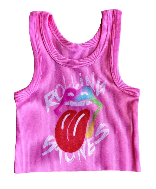 ROWDY SPROUT NOT-QUITE CROP TANK - ROLLING STONES/ELECTRIC PINK