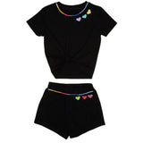 MINI DREAMERS SIENNA EMBRIDERED HEART TIE TOP SHORT SET - BLACK