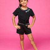 MINI DREAMERS SIENNA EMBRIDERED HEART TIE TOP SHORT SET - BLACK