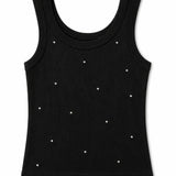 THEME NYC STELLA STUDDED RHINESTONES RIBBED TANK - BLACK