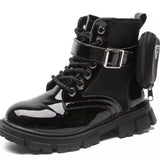 M2B BLACK PLEATHER BOOTS WITH SIDE POCKET