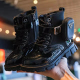M2B BLACK PLEATHER BOOTS WITH SIDE POCKET