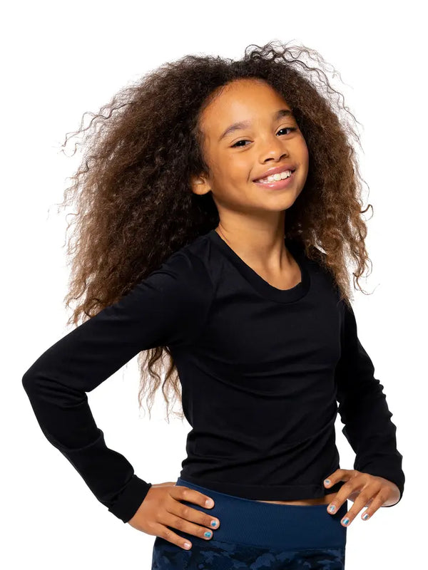 MALIBU SUGAR LONG SLEEVE TOP WITH SIDE RUCHING - BLACK