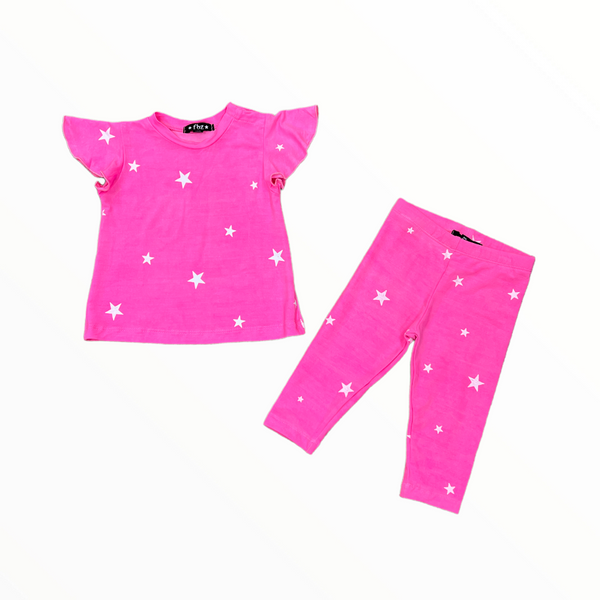 FLOWERS BY ZOE BABY RUFFLE TEE AND LEGGING SET - NEON PINK/STARS