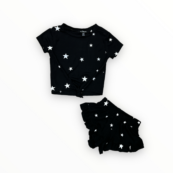 FLOWERS BY ZOE BABY TIE FRONT TEE AND RUFFLE SHORT SET - BLACK/WHITE STARS