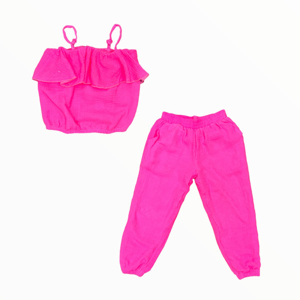 FLOWERS BY ZOE GAUZE TOP AND PANT SET - NEON PINK