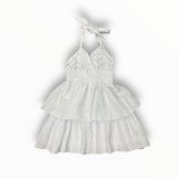 FLOWERS BY ZOE EYELET TIERED SKIRT HALTER DRESS - WHITE
